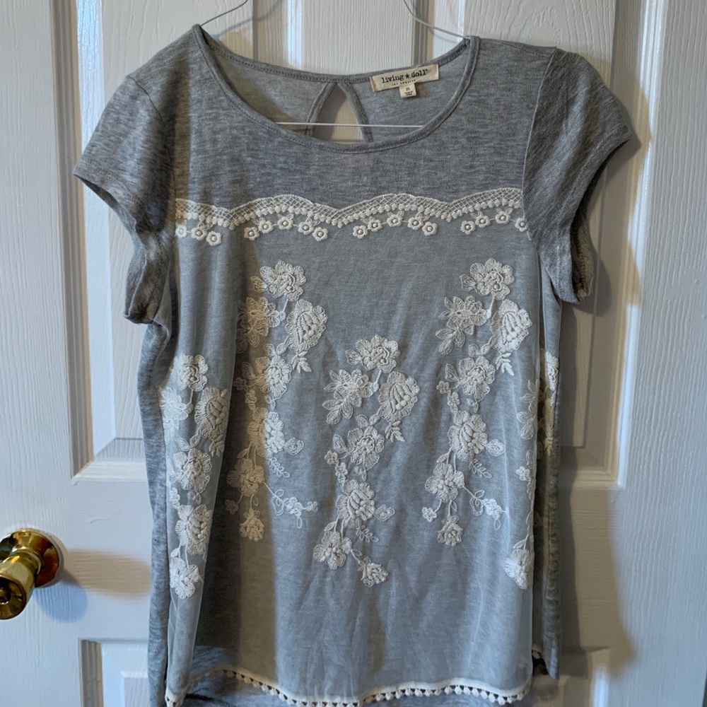 Grey Dressy Shirt with white mesh, and flowers